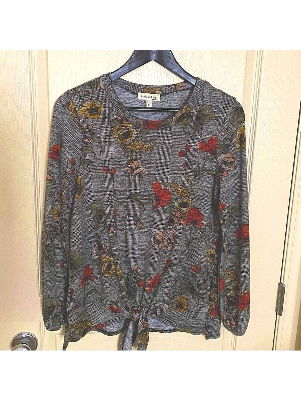 Faith and Joy Red and Gray Tie Front Long Sleeve Blouse